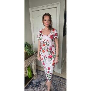 Floral Peplum Midi Dress Pink Short Sleeve Button Front Gold Zipper Back